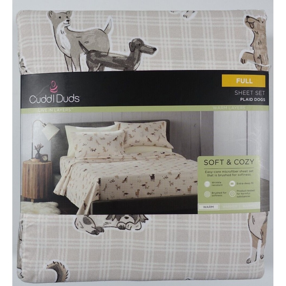 Cuddl Duds Full Sheet Set Plaid Dogs Tan Microfiber Soft Cozy Warm Layers NEW